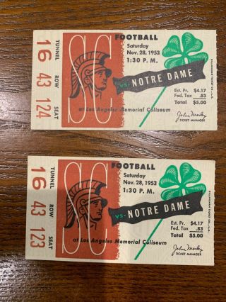1953 Usc Vs Notre Dame Football Ticket Stubs (2) Notre Dame 48 - 14 2