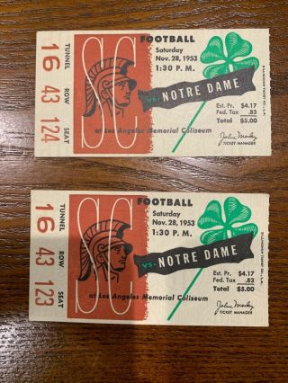 1953 Usc Vs Notre Dame Football Ticket Stubs (2) Notre Dame 48 - 14 3