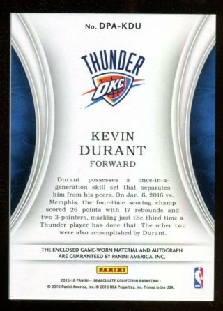 Kevin Durant 2015 - 16 Panini Immaculate DUAL Jersey LOGO Patch Auto /50 Warriors 2