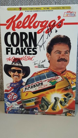 Hand Autographed Terry Labonte Richard Petty Kelloggs Corn Flakes Cereal