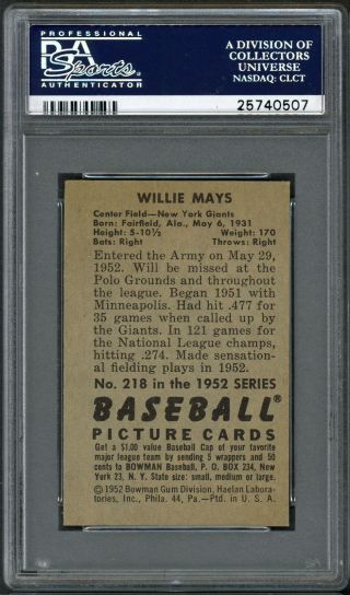 1952 Bowman Willie Mays 218 PSA 5 Baseball Card 2