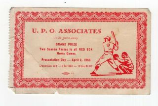 1956 Raffle Ticket For Boston Red Sox Season Pass
