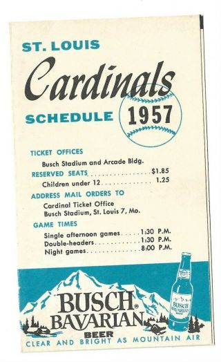 1957 St.  Louis Cardinals Home & Away Games Pocket Schedule Busch Bavarian Beer