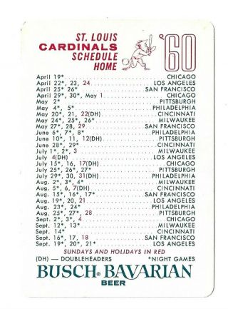 1960 St.  Louis Cardinals Home & Away Games Pocket Schedule Busch Bavarian Beer