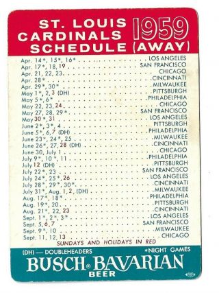 1959 St.  Louis Cardinals Home & Away Games Pocket Schedule Busch Bavarian Beer