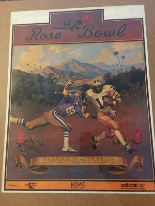 Vintage 1981 Rose Bowl Poster Michigan Wolverines Washington Huskies 17x22