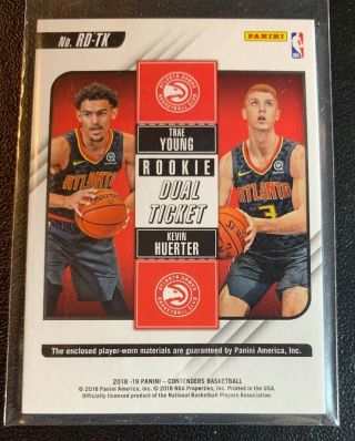 2018 - 19 Contenders TRAE YOUNG / KEVIN HUERTER “Rookie Dual Ticket” Jersey Relic 2