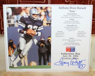 Tony Dorsett Signed Autographed Hof Induction Stats Flier Dallas Cowboys Photo