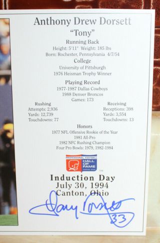 Tony Dorsett Signed Autographed HOF Induction Stats Flier Dallas Cowboys Photo 4