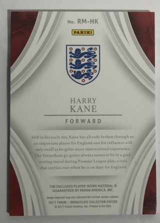 2017 Panini IMMACULATE SOCCER Harry Kane England Tottenham REMARKABLE Patch 49 3