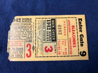 1942 World Series Ticket Game 3 York Yankees Vs St.  Louis Cardinals Baseball