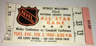 N.  H.  L.  All Star Game” Ticket Stub; 2/5/1980; Joe Louis Arena; Vg; (gordie Howe)