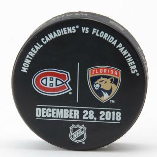 Florida Panthers Game - Issued Warm - Up Puck Vs.  Montreal Canadiens On 12/28/18
