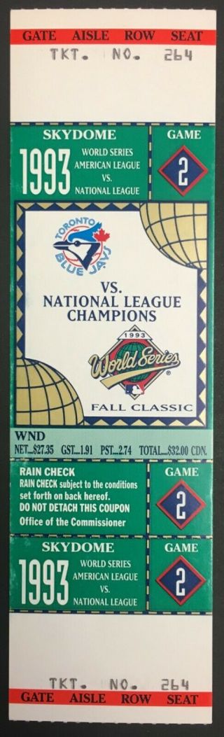 1993 World Series Baseball Ticket Game 2 Toronto Blue Jays Skydome