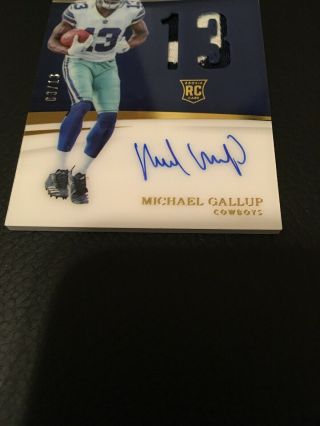 2018 IMMACULATE MICHAEL GALLUP RPA ROOKIE NUMBERS 2 COLOR AUTO PATCH SSP 3/13 5
