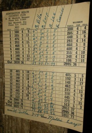 1955 Golf Score Card W/ Former Aagpbl Players Comets Villa Chicks Earp & Lee