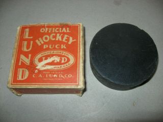 Circa 1940 ' s Lund Official Ice Hockey Puck With Box 3