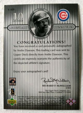 2000 UD Legends Andre Dawson Auto,  Chicago Cubs HOF 2