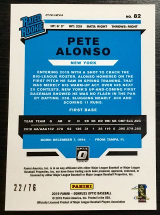 2019 Donruss Optic Pete Alonso Rated Rookie We The People Prizm Parallel /76 2