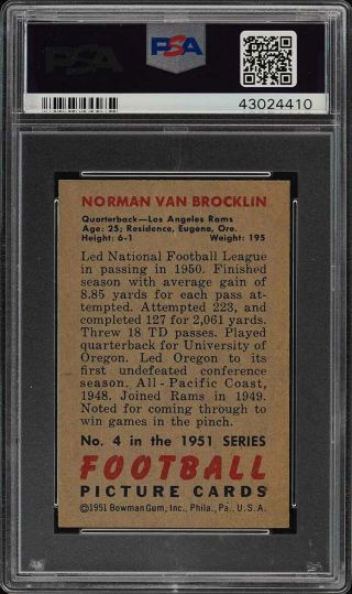 1951 Bowman Football Norm Van Brocklin ROOKIE RC 4 PSA 8 NM - MT (PWCC) 2