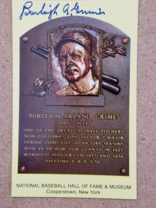 Burleigh Grimes Autographed Hall Of Fame Hof Yellow Plaque Postcard