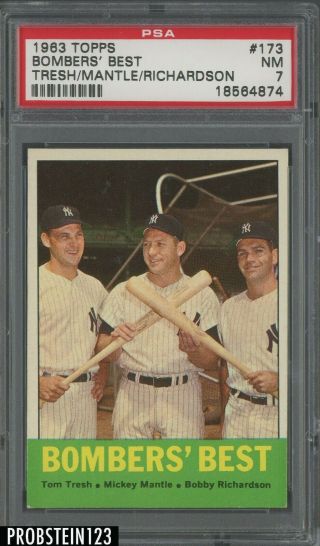 1963 Topps 173 W/ Mickey Mantle York Yankees Hof Psa 7 Nm