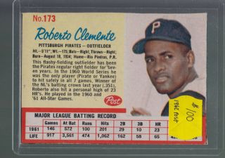 1962 Post Ceral 173 Roberto Clemente Pittsburgh Pirates