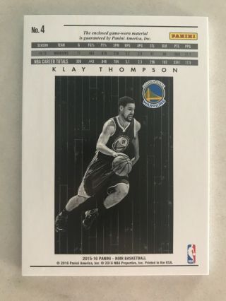 2015 - 16 Panini Noir Klay Thompson Game - Worn Patch 8/25 Golden State Warriors 2