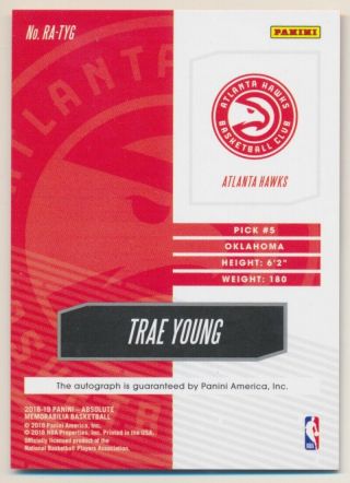 2018 - 19 Absolute Memorabilia Rookie Autographs 5 Trae Young Rookie Auto /125 2