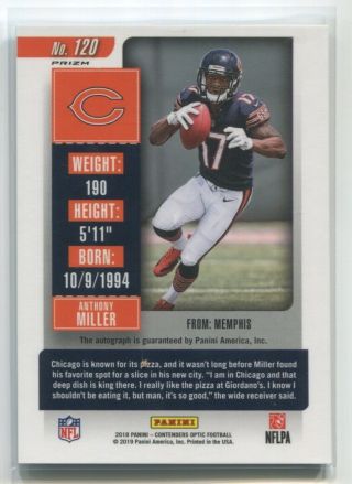 2018 Anthony Miller Panini Contenders Optic AUTO ROOKIE PRIZM Rc Chicago Bears 2