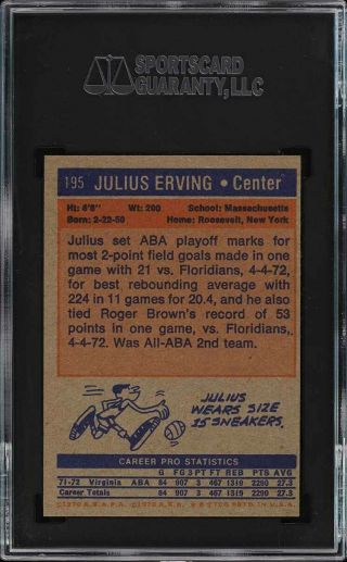 1972 Topps Basketball Julius Erving ROOKIE RC 195 SGC 8 NM - MT (PWCC) 2