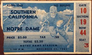 1941 Notre Dame Vs Southern California College Football Ticket Stub
