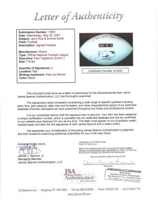Emmitt Smith & Jerry Rice Autographed Wilson White Panel Football JSA B19228 6