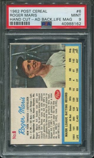 1962 Post Cereal 6 Roger Maris Psa 9 Yankees