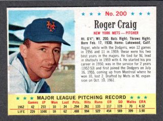 1963 Post Cereal 200 Roger Craig York Mets Sp Ex - A