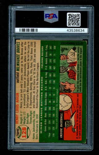 1954 Topps Baseball Card - 128 Henry Aaron Rookie Card PSA 2 (MC) 2