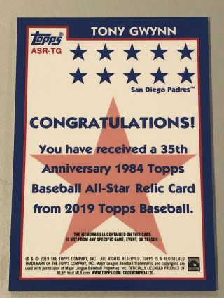 2019 Topps Series 2 Tony Gwynn 35th Anniversary 1984 Game Jersey Relic Card 2