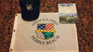 2000 U.  S Open Golf Flag,  Scorecard,  And Hat Pebble Beach Tiger Woods Win