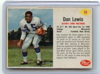 1962 Post Cereal Football 53 Dan Lewis,  Detroit Lions,  Wisconsin,  090217