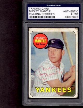 1969 Topps Mickey Mantle Autographed Signed Card York Yankees - Psa/dna