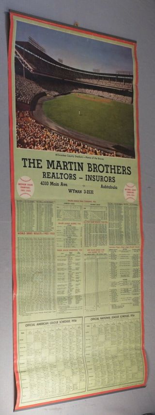 1956 American & National League Large Hanging Schedule Milwaukee Braves