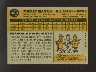 1960 Topps 350 Mickey Mantle - York Yankees HoF - CENTERED - NM - MT, 2