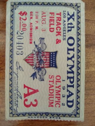 1932 Olympics Ticket Stub Los Angeles Track & Field,  Olympic Stadium.  A3.  20403