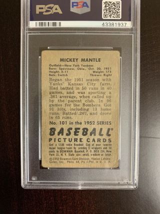 1952 Bowman 101 Mickey Mantle PSA 2 Good Yankees HOF Baseball 2