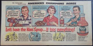 1957 Mickey Mantle Karo Syrup Ad Sunday Comics 2/17/57 W/ Bob Cousy
