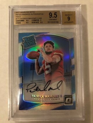 Patrick Mahomes 2017 Optic Rated Rookie Holo Silver Auto 177 Bgs 9.  5 Chiefs /99