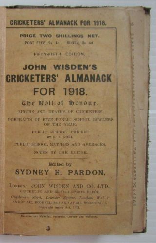 Wisden Cricketers Almanack 1918 Rebound Incomplete Only 68 Of 339 Pgs