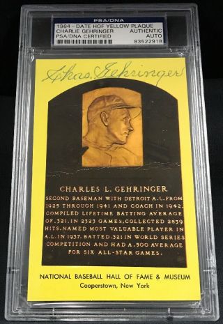 Charlie Gehringer Signed 1964 Date Hof Yellow Plaque Postcard Auto Psa/dna Auth