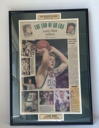 Boston Globe Framed Celtics Larry Bird Signed The End Of An Era 1992 Certified
