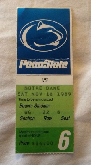 11/18/89 Notre Dame Vs Penn State Ticket Stub